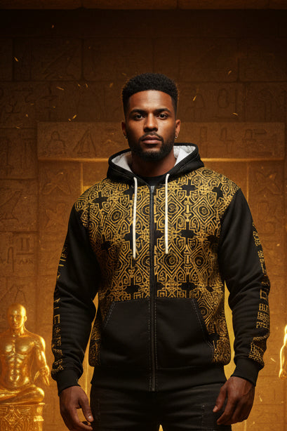 StoneYer Black & Gold Geometric Zip Hoodie