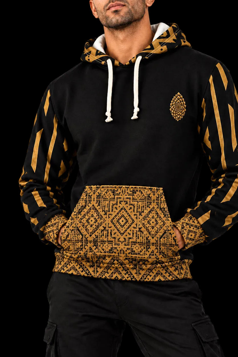 StoneYer Mesoamerican-Inspired Black & Gold Geometric Hoodie