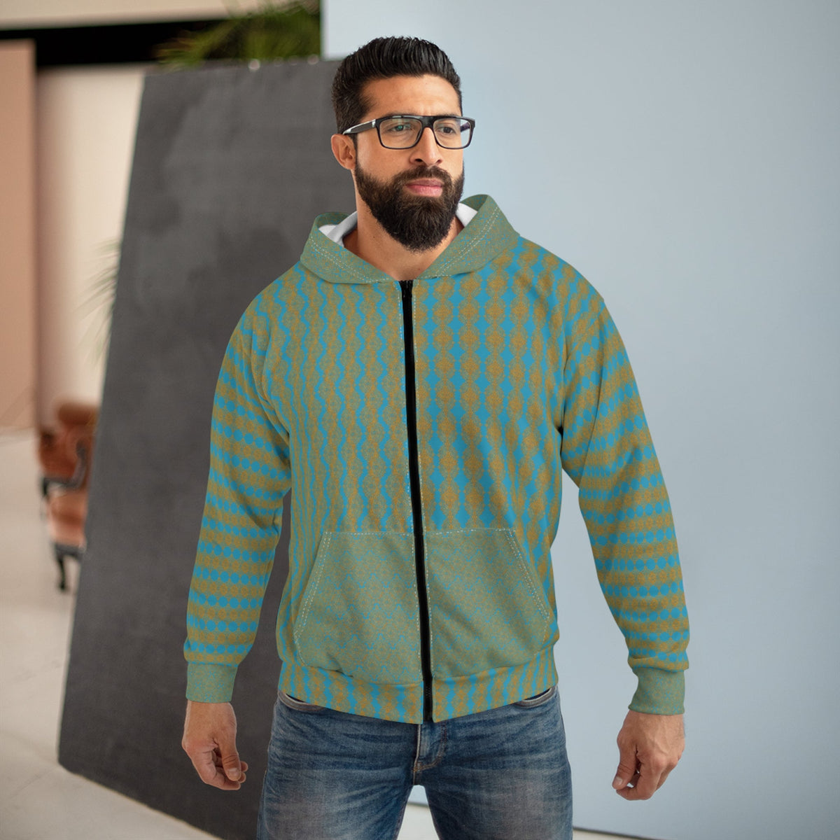 StoneYer Green & Gold Geometric Zip Hoodie