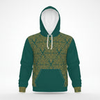 A dark green pullover hoodie with a yellow geometric patterned chest panel, sleeves, and hem, featuring white drawstrings and a white inner hood lining, shown on a plain white background.