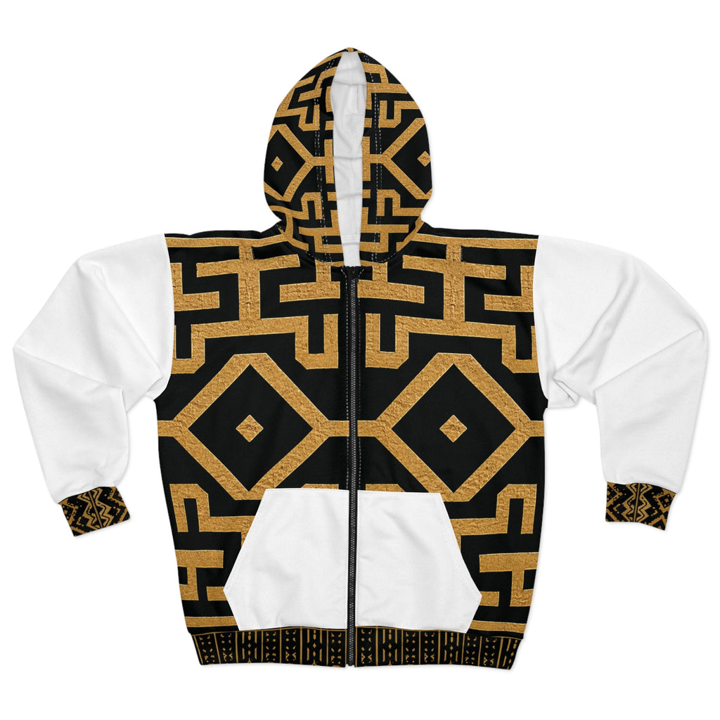 StoneYer Kuba-Inspired Black & Gold Geometric Zip Hoodie