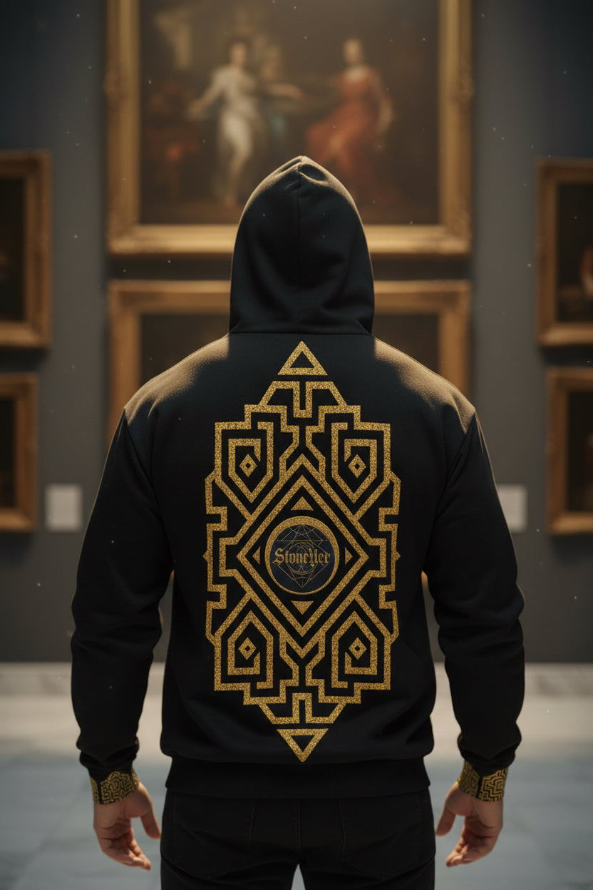 StoneYer Black & Gold Geometric Zip Hoodie