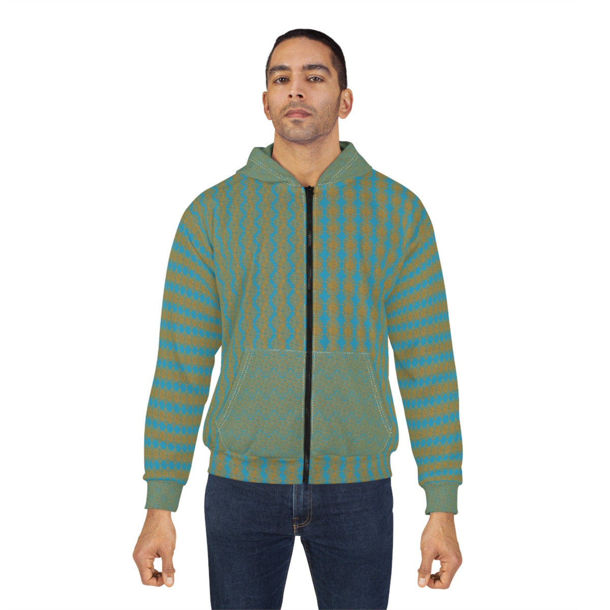 StoneYer Green & Gold Geometric Zip Hoodie