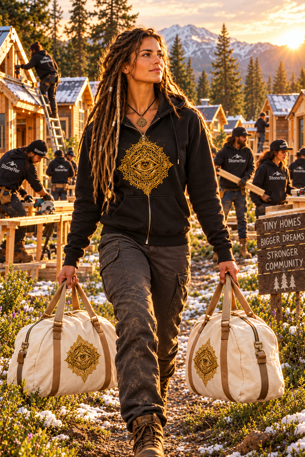 Have This hoodie on a man facing Tiny Homes  community caring  buckets of water