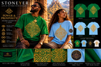 Illustrative StoneYer Power & Prosperity lifestyle campaign with green and blue shirts; original product photos are authoritative for precise sleeve numbers, logos and print placement.