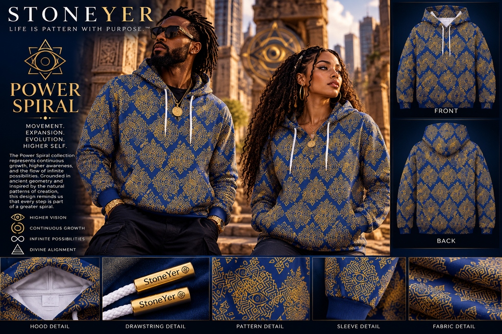 Illustrative StoneYer Power Spiral indigo and gold hoodie lookbook with male and female models; refer to original product photos for exact garment details