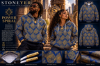 Illustrative StoneYer Power Spiral indigo and gold hoodie lookbook with male and female models; refer to original product photos for exact garment details