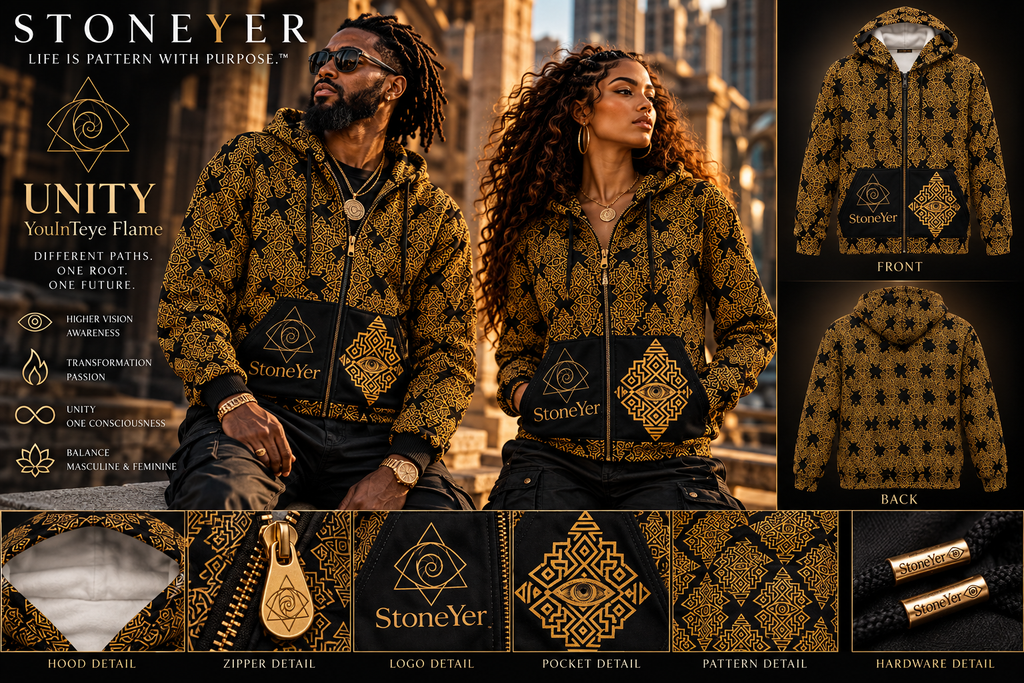 StoneYer black and gold geometric zip hoodie promotional lookbook with two models; illustrative lifestyle mockup
