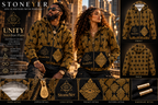 StoneYer black and gold geometric zip hoodie promotional lookbook with two models; illustrative lifestyle mockup